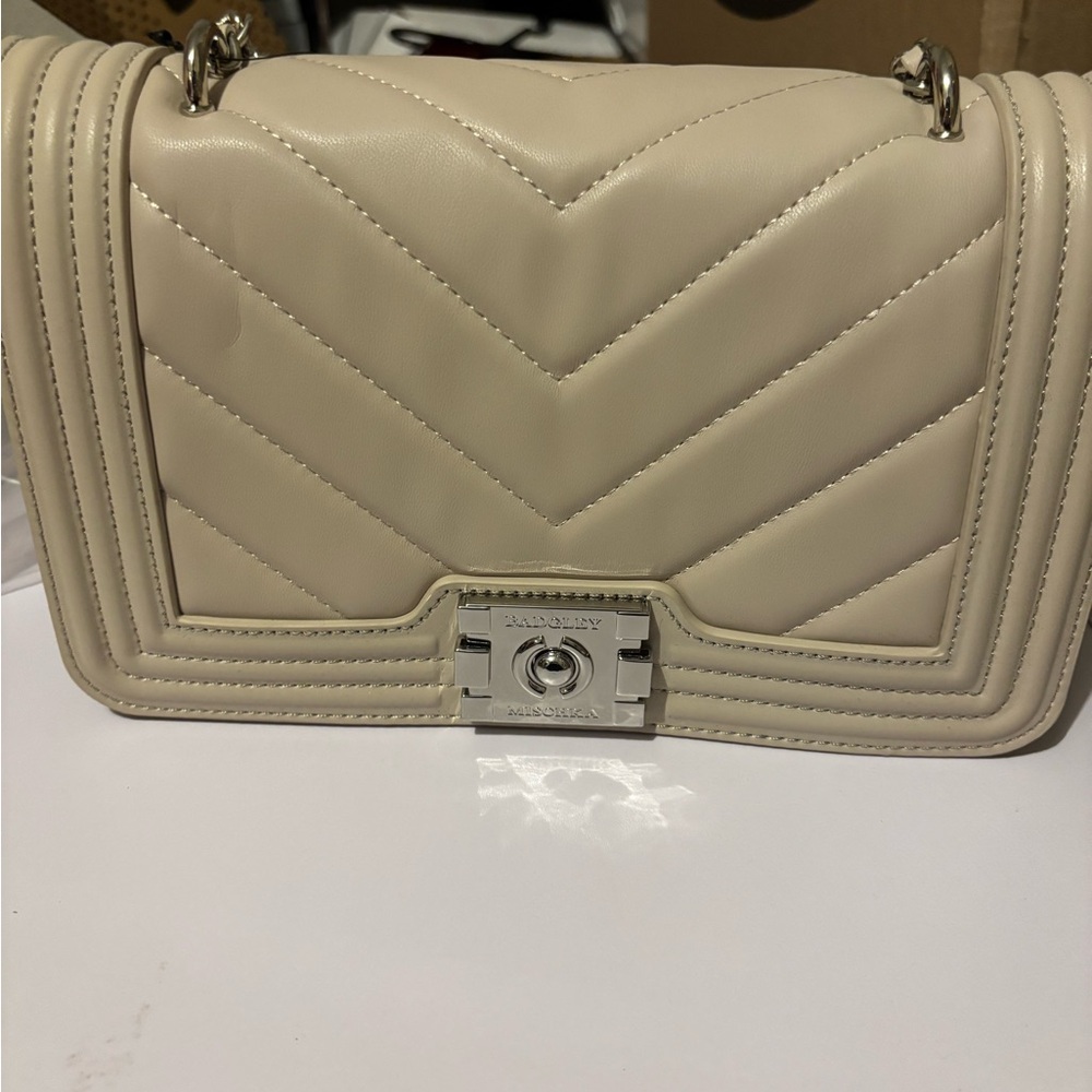 Badgley Mischka Quilted Chevron Cream Crossbody with Silver Hardware